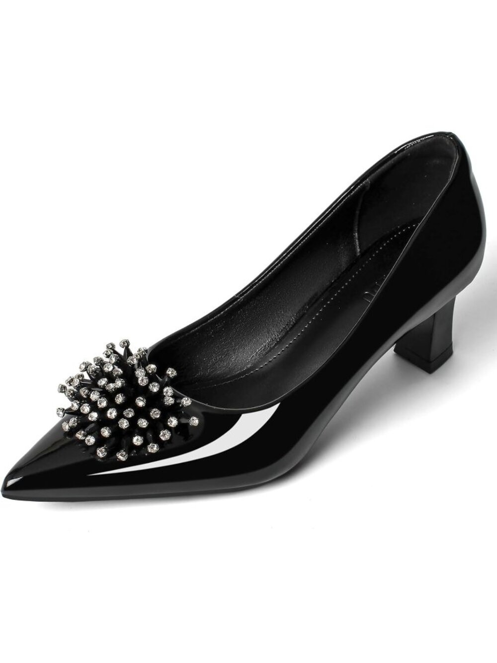 Women's Black Comfortable Leather Rhinestone Pointed Toe Kitten Heels Pumps